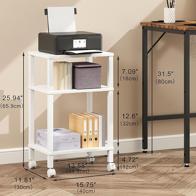 3-Tier Printer Stand with Storage, Mobile Printer Cart with Rolling Casters and Adjustable Feet, Under Desk Storage Shelf for Home Office, White, 15.7" x 11.8" x 25.9"