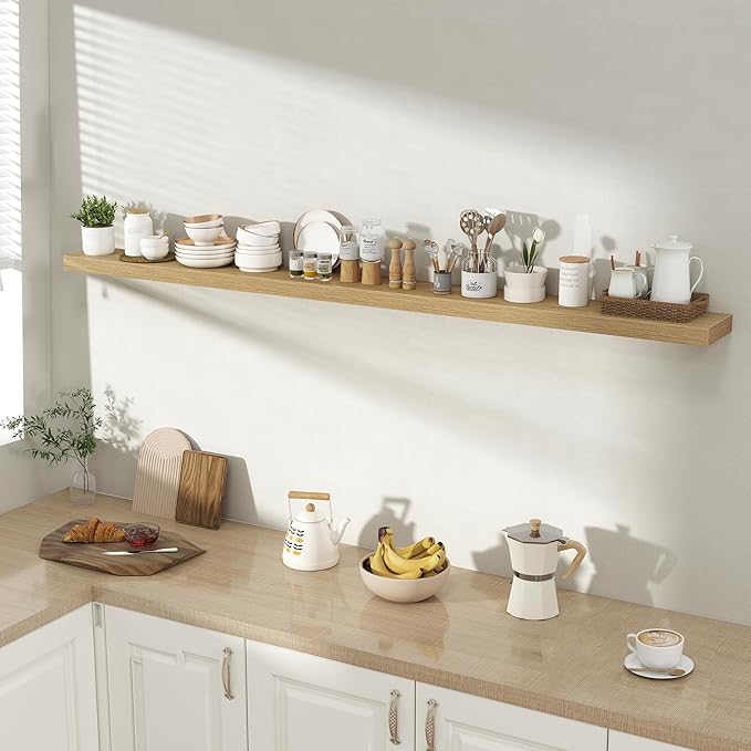 Acovy 72 Inch Floating Shelves for Wall 1 Pack, 72" Wall Shelves for Books, Storage, Decor, Wall Mounted Floating Shelf with Invisible Brackets for Kitchen, Living Room, Oak