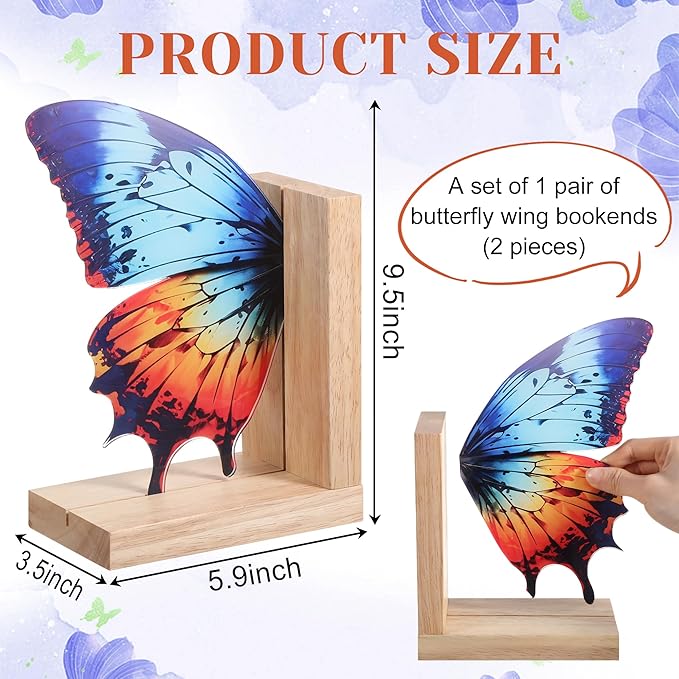 Decorative Butterfly Bookends Wooden Acrylic Butterflys Bookend Modern Bookshelf Decor Accent Book Stopper Decor for Home Farmhouse Shelves Office Lover Gift(Aglais Butterfly)