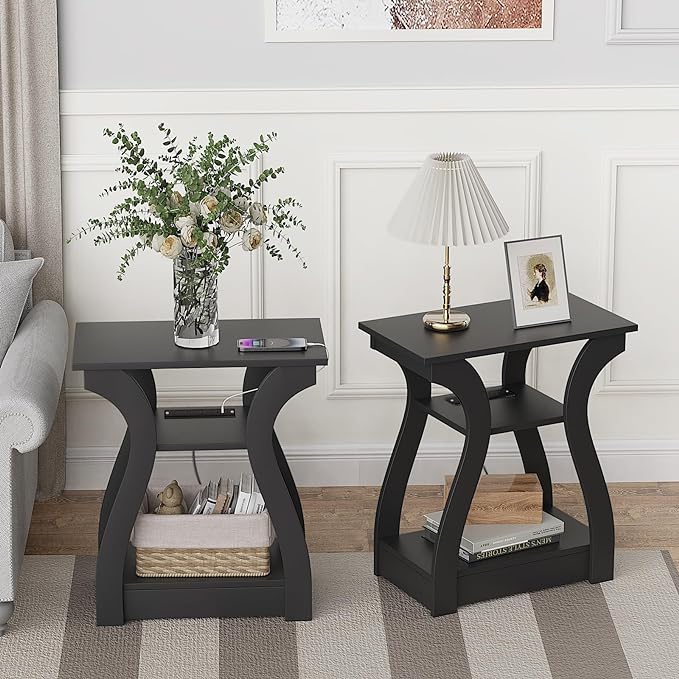 FROMJBEST End Table with Charging Station, Side Table with USB Ports and Outlets, Nightstand, 3 Tier End Table with Storage Shelf for Living Room, Bedroom (Black)