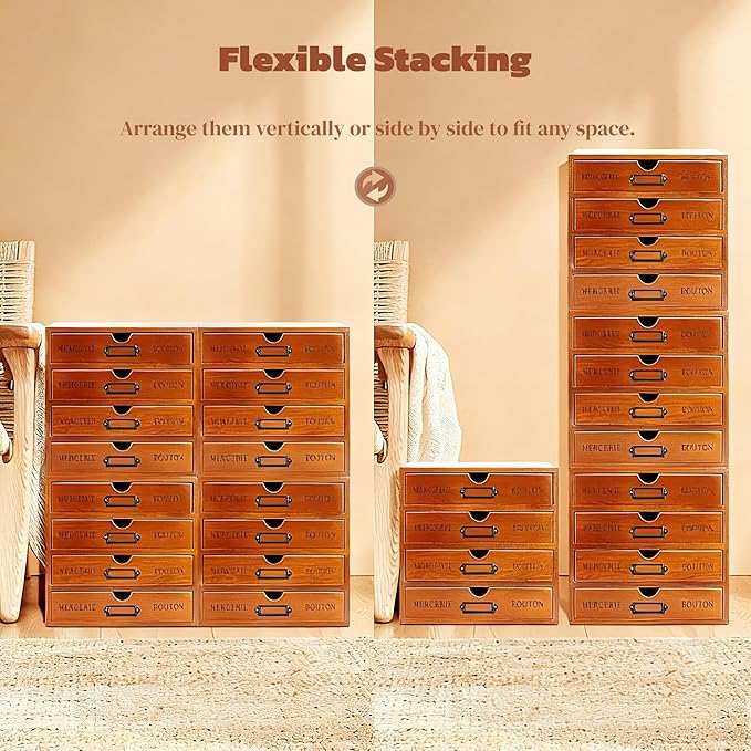 16-Drawer Wooden Desk Organizer Storage Box with Label Holders Vintage Wood Desktop Organizer, Desk Drawer Unit Collectors Box for Living Rooms, Bedrooms, Offices (Brown, 4PCS, 16 Drawers)