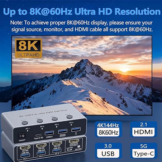 【4PC Switch】HDMI 2.1 KVM Switch 4 Computers Share 1 Monitor, 8K@60Hz HD Switch with 3 USB 3.0 & 1 Type-C Hub, Wired Remote, Control Keyboard Mouse Printer, Aluminum Shell, Compatible with Mac Windows