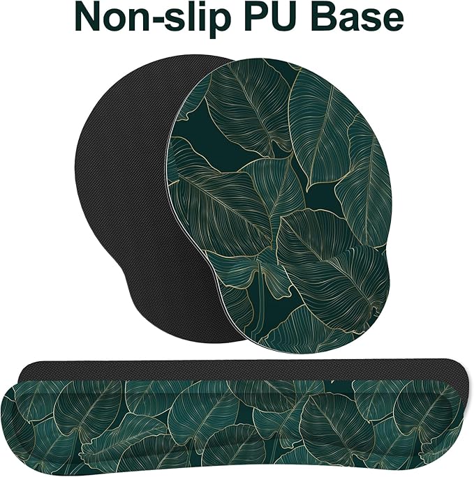 Ergonomic Mouse Pad with Wrist Rest and Keyboard Wrist Rest, Mousepad and Wrist Rest for Computer Keyboard, Pain Relief, Non-Slip Base, Mouse Pad Wrist Support for Gaming, Office, Green Palm Leaf