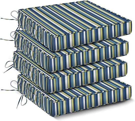 IPYNBAP Outdoor Chair Cushions Set of 4 -Waterproof Outdoor Seat Cushions for Patio Furniture, Patio Chair Cushion with Handle and Ties, Out Door Chair Pads,19x19x3-Square, Blue Stripe