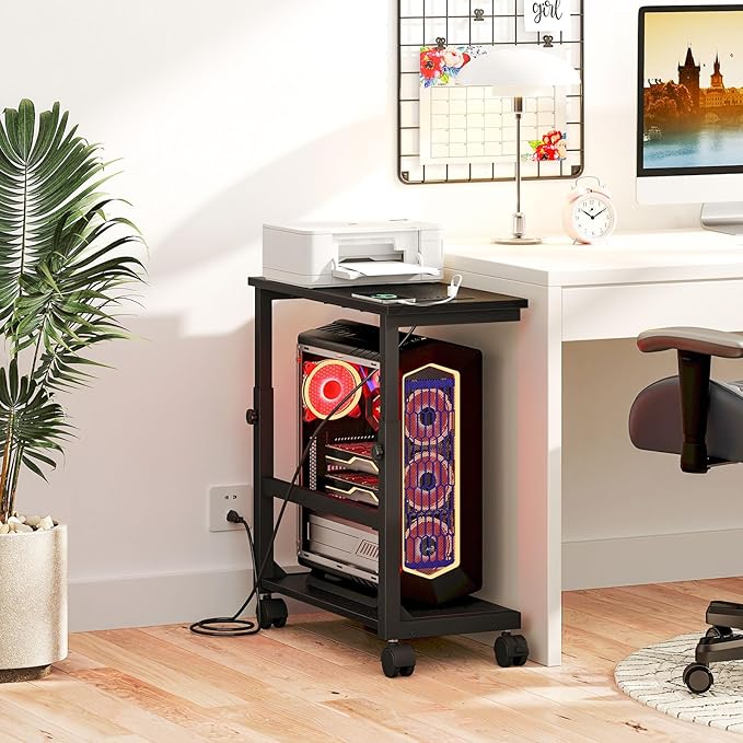 Snughome Height Adjustable PC Tower Stand with Charging Station, Rolling CPU Cart with USB & Locking Wheels, 25.0"-32.1", Computer Tower Stand Floor Stand for Home Office Gaming Desk