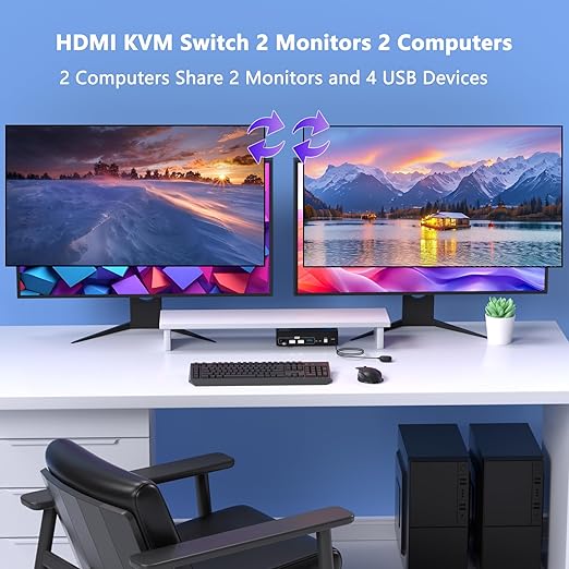 8K@60Hz KVM Switch 2 Monitors 2 Computers HDMI, 4K@120Hz KVM Switches Dual Monitor with 4 USB 3.0 Ports Sharing Keyboard Mouse Printer, Monitors Switch for 2 Computers, HDMI Switcher 2 in 2 Out