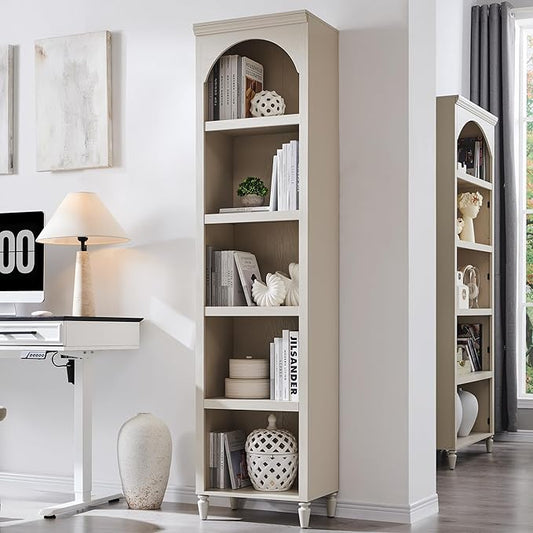 IFGET 76" Tall Arched Bookcase, Farmhouse 5 Tiers Narrow Arched Bookshelf Cabinet with Adjustable Shelves, Modern Wooden Book Shelf w/Storage and Open Display Shelves for Living Room, Office-Cream