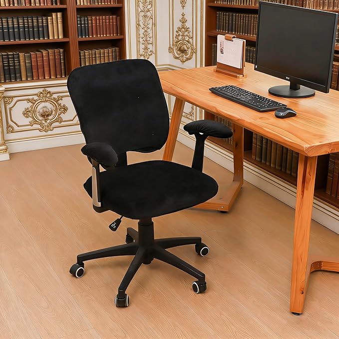 4 Pieces Velvet Office Chair Cover for Desk Chair Back and Seat with Armrest Covers Stretch Black Split Office Chair Slipcovers Set Washable
