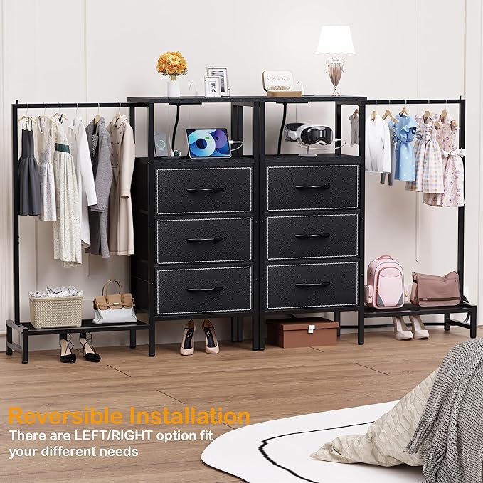 Dresser for Bedroom with Hanging Rack, 3 Drawers Closet with Charging Station, Fabric Chest of Drawers with Clothes Rack, Storage Organzier for Hallway Entryway, Black