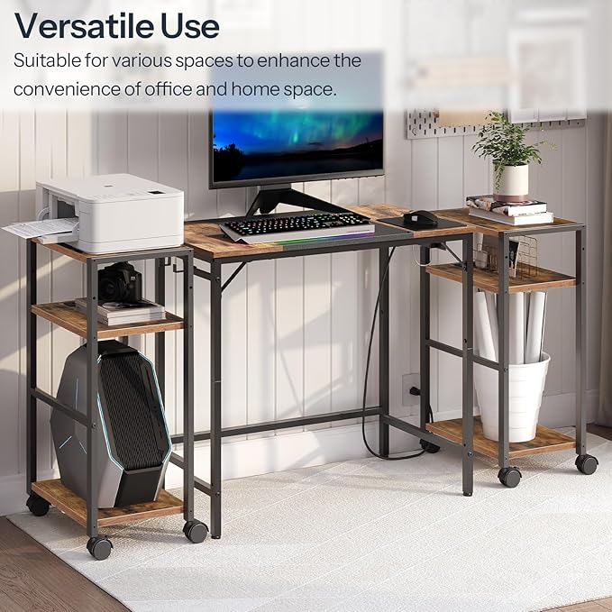 HOOBRO Computer Tower Stand, 3-Tier PC Tower Stand, PC Stand with Charging Station, Mobile CPU Stand Fits Most PC, Adjustable Shelf, for PC Tower, Printer, Home Office, Rustic Brown BF12UCJ01