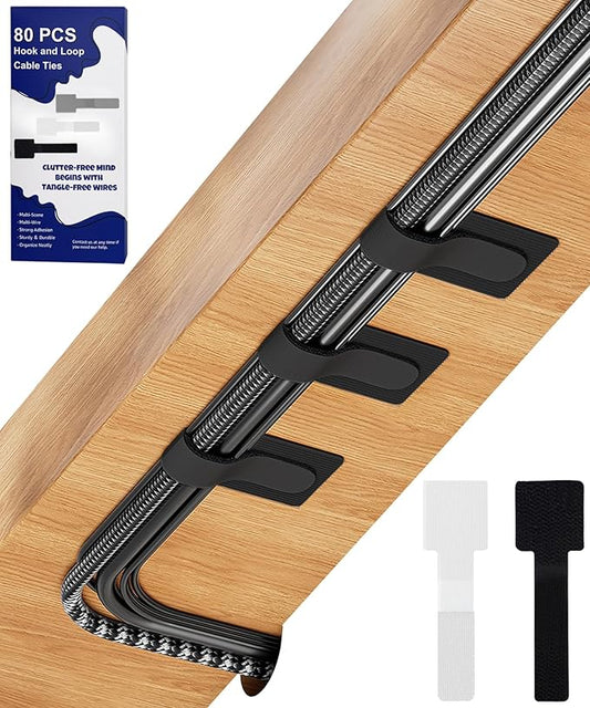 80PCS Hook and Loop Cable Ties, Under Desk Cable Management, Adhesive Cable Straps, Cord Management Hider Idea, Cord Organizer for Desk, Computer Accessories, Home Office Organization, Black+White