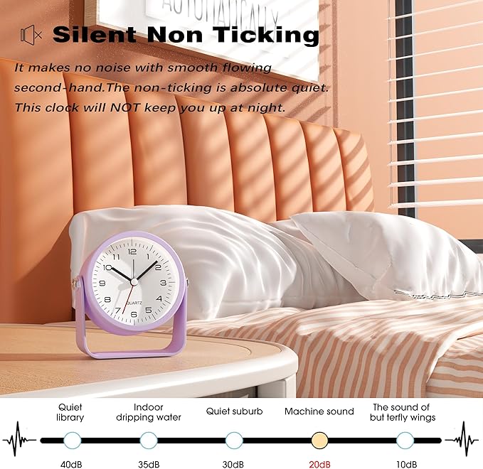 AYRELY® 3.5 Inch Small Analog Alarm Clocks,Battery Operated Desk Clock,Cute Table Clock with Light，Adjustable Angle for Travel,Bedside,Bedroom,Kids,Living Room Decor (Purple)