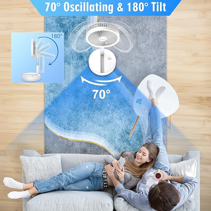 LIPETY Portable Foldable Rechargeable Oscillating Fan Battery Operated Table Desk Fan Folding Standing Pedestal Fans for Bedroom Rome Office Camping Travel (white, 8.6 inch)
