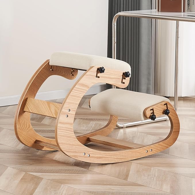 Ergonomic Kneeling Chair, Adjustable Rocking Office Chair Wooden Knee Chair Posture Chair for Home Office Back Pain Relief, Beige