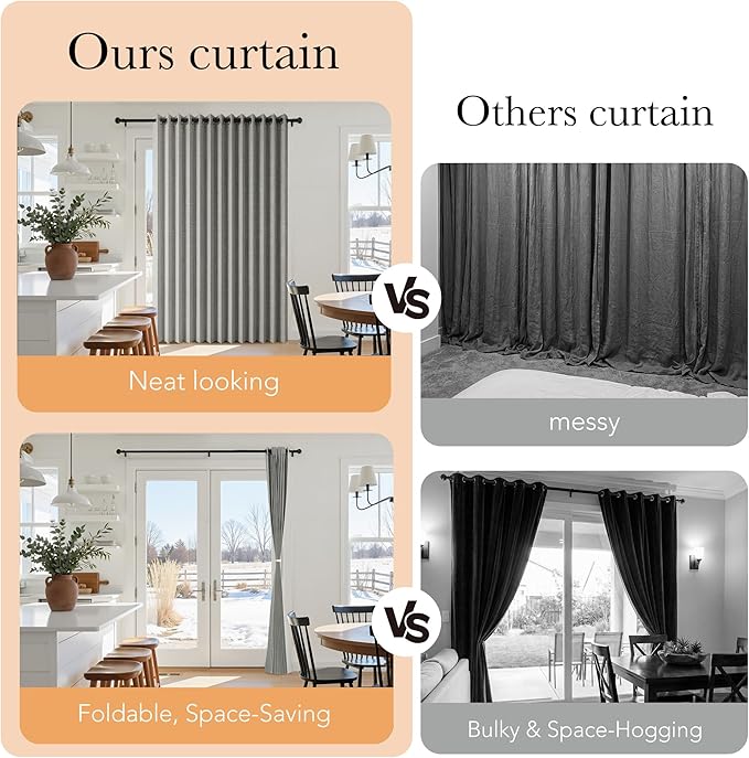 RYB HOME Accordion Style Room Divider Curtain-100% Blackout Folding Accordion Curtain for Sliding Glass Door/Bedroom, Privacy Assurd Living Room/Office Drape 1 Panel with Tieback, W100 x L84, Grey