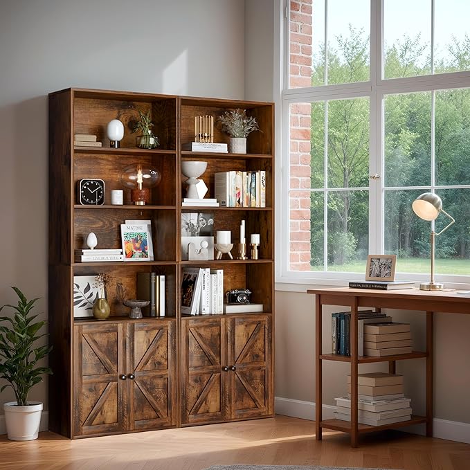 Furniwell Industrial Bookshelf and Bookcases with Doors Modern Bookshelf Cabinet Tall Book Shelves Storage for Home Office, Bedroom (Rustic Brown)