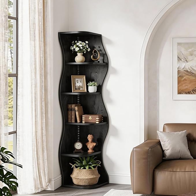 VECELO Wavy Corner Shelf with LED Light, Decorative 6-Tier Corner Display Bookshelf, 59.3" Tall Storage Organizer for Small Spaces, Living Room or Bedroom, Black