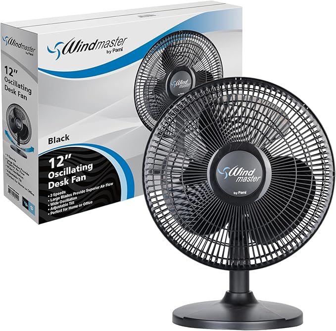 PAMI Oscillating Desk Fan - Portable Table Top Fan With 3 Speed Levels, Large Blades & Adjustable Tilt- Max Air Flow Office Desk Fan- Electric Cooling Fan For Bedroom Home Dorm Office (Black, 16'')