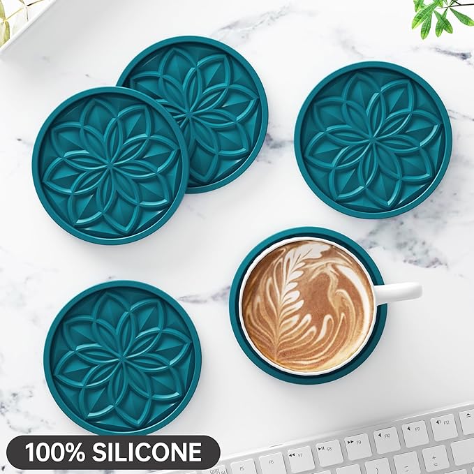 HFHOME Silicone Coasters Set with Holder - 6 Pack Drink Coasters for Coffee Table, Bar, Desk - Tabletop Protection Gift - Blue