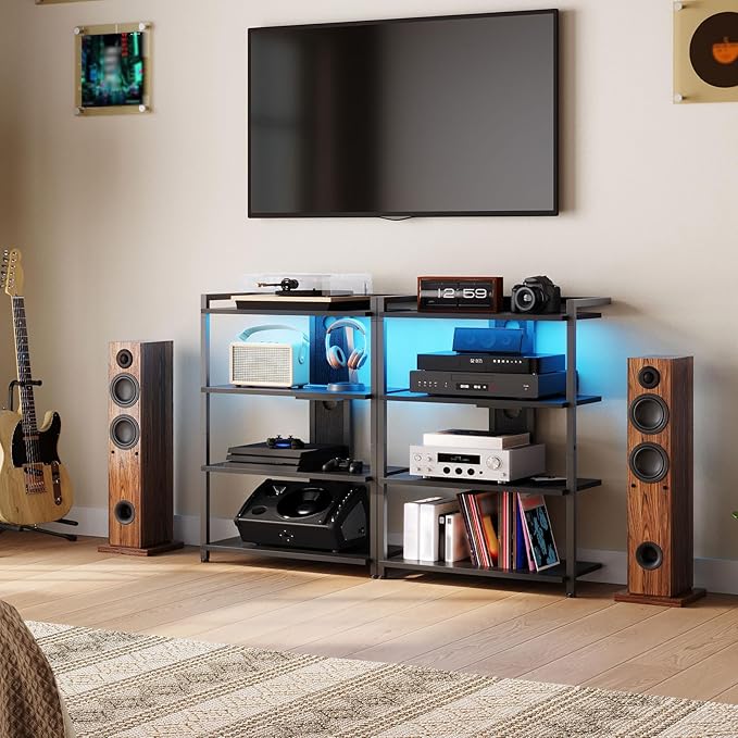 HOOBRO 4-Tier AV Media Stand, Media Console with Charging Station and LED Light, Wooden Stereo Cabinet, Corner TV Stand, Record Player, Entertainment Device Stand, Black BB42UDCJ01