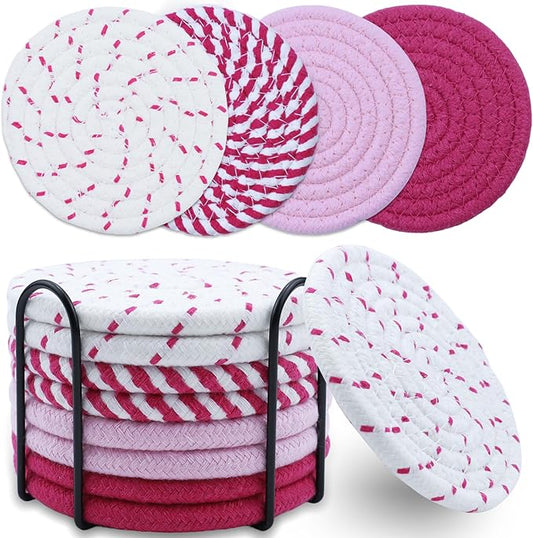 8 Pcs Drink Coasters with Holder, Minimalist Cotton Woven Coaster Set, 4 Colors Absorbent Coaster Protection Protection for Various Cups, Ideal for Coffee Tables and Home Decor Tabletop, 4.3 Inches