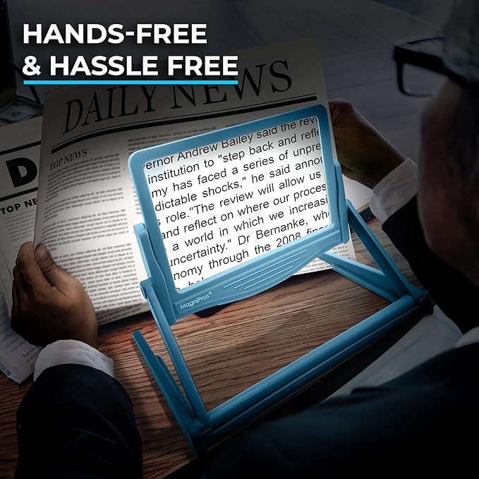 MagniPros 5X Large LED Hands-Free Full Page Magnifying Glass with Detachable Stand & 3 Color Light Modes to Reduce Eye Strain, Ideal for Reading Small Prints, Crafting, Low Vision & Seniors