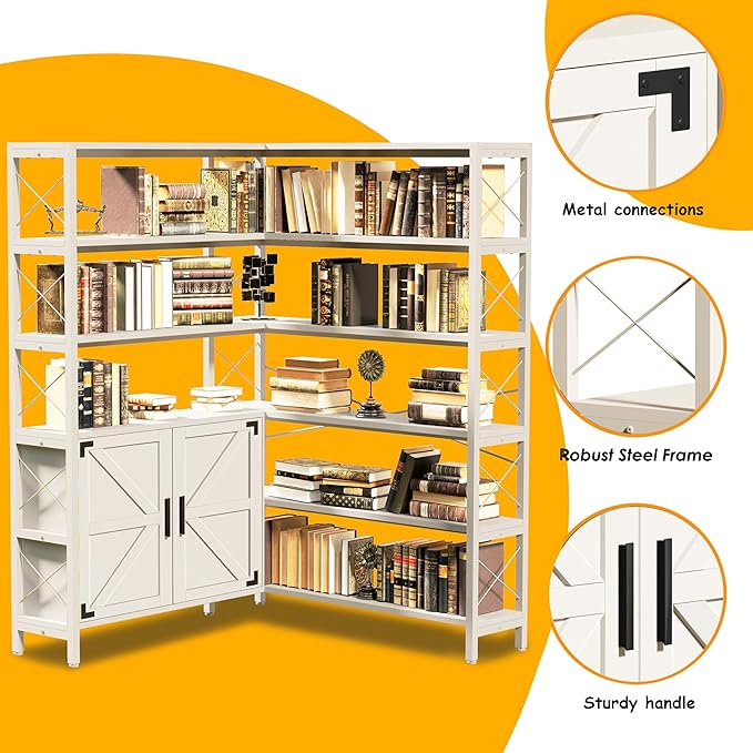 Wildhome 6-Shelf Corner Bookshelf, Vintage Industrial Corner Shelf Etagere Bookcase, Large Book Shelf with Metal Frame Open Storage Corner Cabinet (White-Lockers, Large)