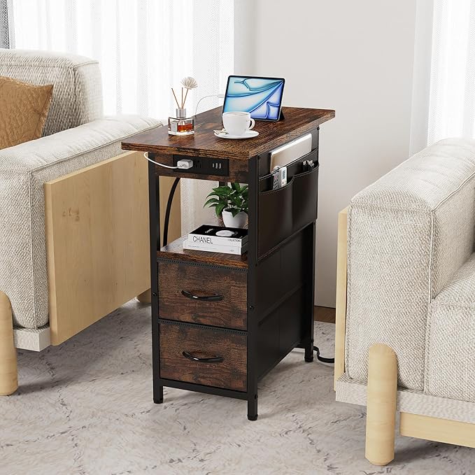 Yenlure Small Side Table with Charging Station, Narrow Nightstand Bedside Tables with Storage Pocket for Living Room Bedroom, Sofa End Table with USB Ports and Power Outlets for Small Spaces