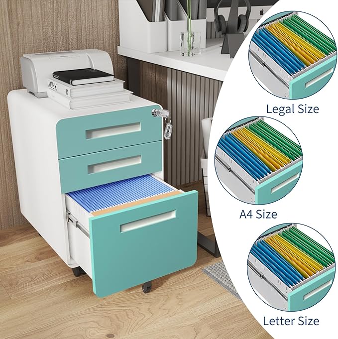 3 Drawer Mobile File Cabinet with Lock, Under Desk Metal Filing Cabinets with Wheels for Home Office Organizer Letters/Legal/A4, Fully Assembled