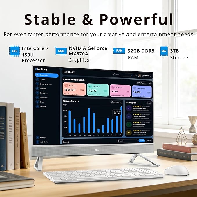 Dell 27" FHD Touchscreen All-in-One Desktop, Intel Core 7 150U, 32GB DDR5, 3TB Storage (2TB SSD+1TB Docking Station Set), NVIDIA GeForce MX570A, Webcam, Wireless Keyboard & Mouse, Windows 11, White