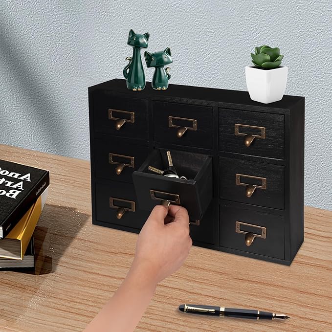 9-Drawer Wooden Desk Organizer Storage Box with Label Holders Vintage Wood Desktop Organizer, Desk Drawer Unit Collectors Box for Living Rooms, Bedrooms, Offices (Black, 1PC 9 Drawers)
