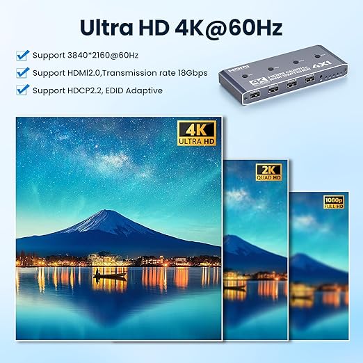 HDMI KVM Switch 4 Computer, 4 Port HDMI USB Switch for 4 Computer Share a 4K@60Hz Monitor and 4 USB Devices, Keyboard, Mouse, Printer, Includes 4 KVM Cables & Remote Controller (no Batteries)
