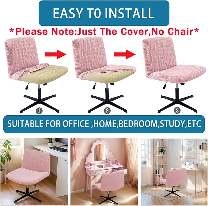 Vanity Chair Cover Criss Cross Chair Cover Waterproof and Elastic Armless Chair Slipcover Armless Chair Covers Office Chair Covers (Pink,Just The Cover,No Chair)