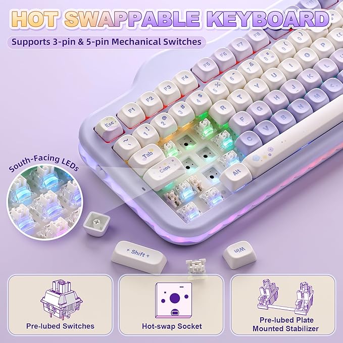 YUNZII C98 Wireless Mechanical Keyboard with Number Pad,99 Key BT5.0/2.4G/USB-C Hot Swap Gasket Mount with PBT MOA Keycaps,Custom RGB,Cute Cake Keyboard for Win/Mac (Purple, Milk V2 Linear Switch)