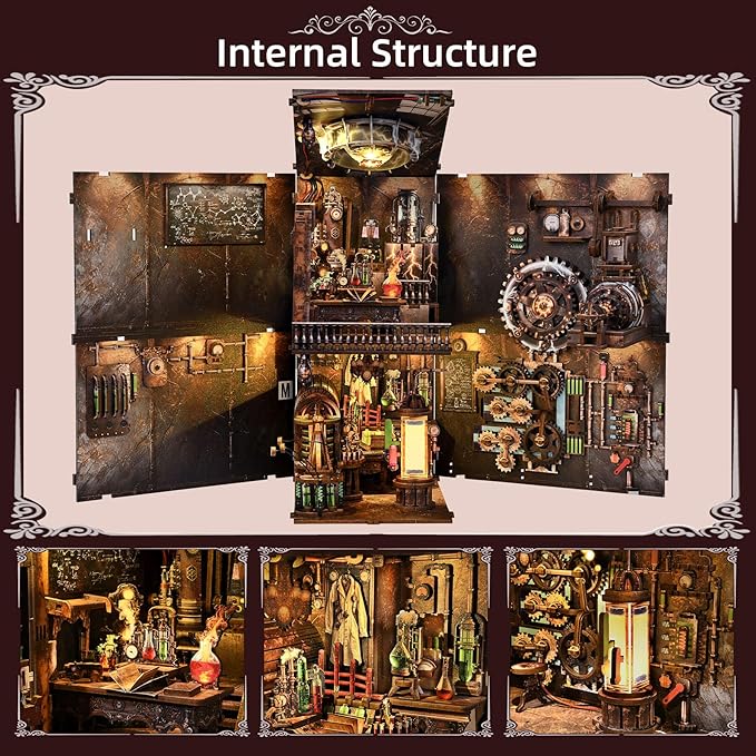 fifijoy Book Nook Kit, DIY Miniature Dollhouse Booknook Kit, 3D Wooden Puzzle Bookend Bookshelf Insert Decor with LED Light for Teens and Adults (Steampunk Mad Scientist Laboratory)