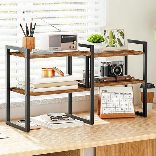 HOOBRO Desk Shelf Organizer, Adjustable Desktop Bookshelf, 2-Tier Shelf for Top of Desk, Wooden Office Storage Rack, for Office, Study, Kitchen, Dorm, Rustic Brown and Black BF39SJ01