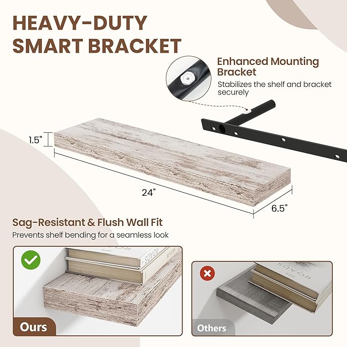 Acovy 24 Inch Floating Shelves for Wall 2 Pack, 24" Wall Shelves for Books, Storage, Decor, Wall Mounted Floating Shelf with Invisible Brackets for Kitchen, Living Room, Rustic