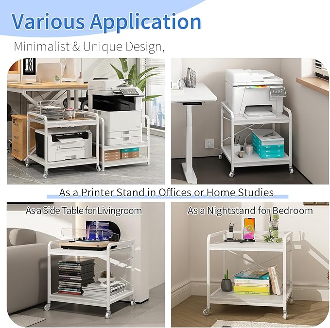 METYERRY Under Desk Printer Stand with Power Outlet,2 Tier Large Printer Table with Adjustable Shelf,Rolling Printer Cart with Industrial Wheels for Home Office,20"×20" White