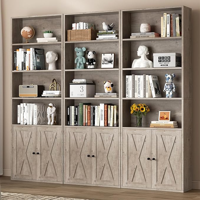 Modern Bookshelf with Doors, Industrial Bookshelves with 6-Tier Shelf, 71 inches Tall Bookcase Display Cabinet with Storage for Home Office, Gray