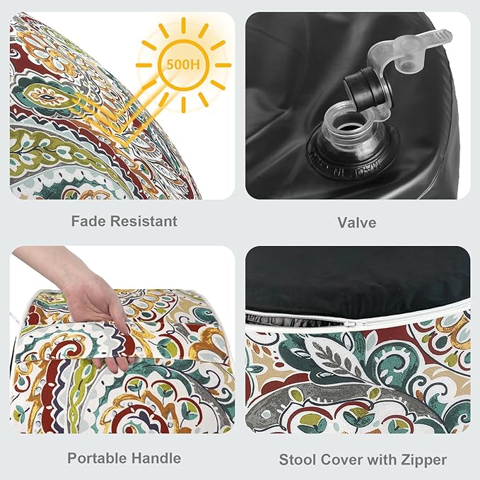 LVTXIII Outdoor Inflatable Ottoman, Fade-Resistant Round Footrest Stool D31”x H14”, Portable Patio Pouf for Garden Camping or Home Use, Paisley Chilli