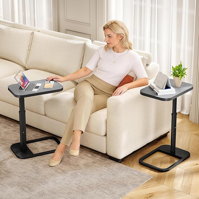 Kitstorack Adjustable Height C-Shaped End Table, 9-Level Side Table with Metal Rounded Edge, Couch Table that Slides Under Sofa or Bed, Eating, Working, and Drinks, TV Tray for Small Space, Dark Gray