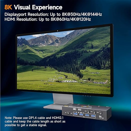 HDMI DP KVM Switch 2 Monitors 3 Computers 8K@60Hz 4K@144Hz,with 4 USB 3.0 Ports for 3 PC Sharing 2 Monitors Keyboard Mouse Printer with 2 USB Cables, Power Adapter and Controller,Multicolor