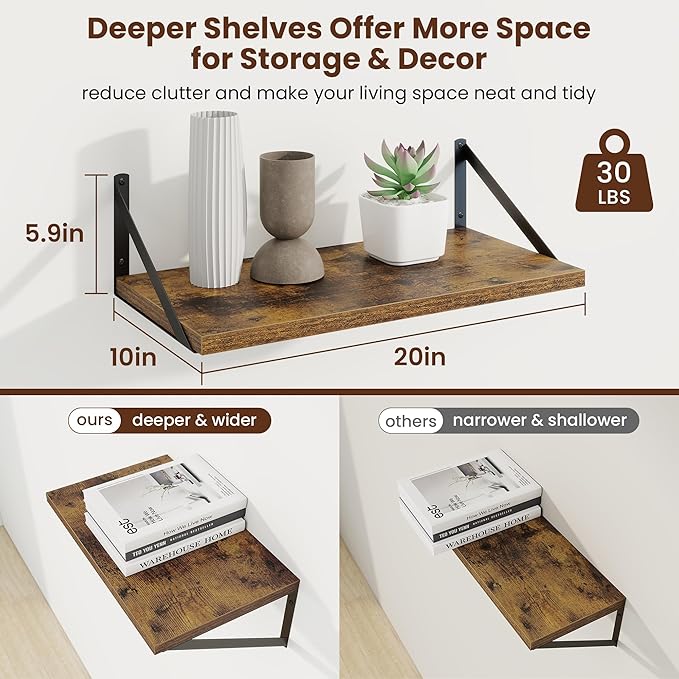 Axeman Deep Floating Shelves | 20 Inch Brown Wall Shelves Set of 2 | 10 Inch Deep Rustic Wood Shelves for Wall | 20'' W x 10''D Brown Shelves for Living Room Bathroom Kitchen