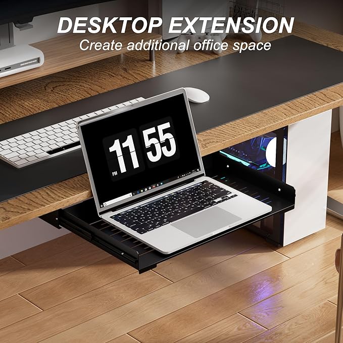 Under Desk Laptop Drawer, 22.8'' Wide Pull-Out Tray – Metal Perforated Bottom for Heat Dissipation, Sliding Track, Under-Desktop Storage for Laptop & Accessories