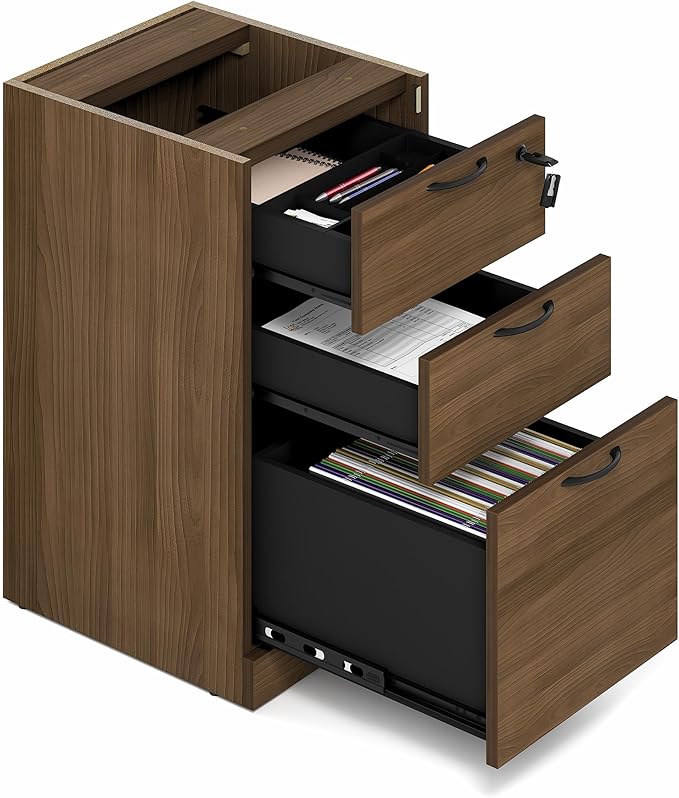 Furinno Roger File Cabinet, 3-Drawer Fixed Pedestal Filing Cabinet with Lock, Soft-Close Drawers with Drawer Organizer, for Home Office, Modern Walnut