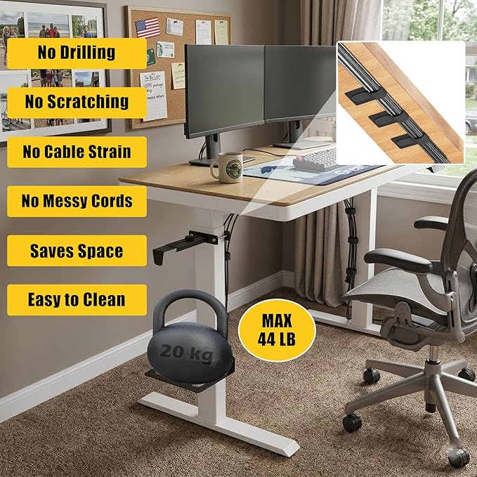 Under Desk PC Mount for Standing Desk, Universal Clamp-On PC Under Desk Mount with 10PCS Adhesive Cable Clip, No Drilling Heavy Duty Adjustable Computer Case CPU Holder Fits Most Towers, Up to 44Lbs
