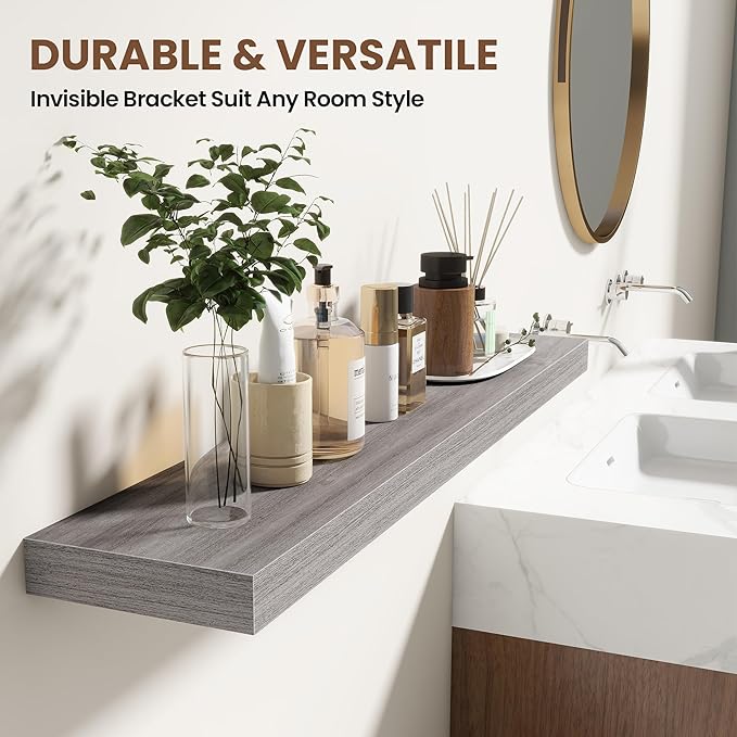 Acovy 24 Inch Floating Shelves for Wall 2 Pack, 24" Wall Shelves for Books, Storage, Decor, Wall Mounted Floating Shelf with Invisible Brackets for Kitchen, Living Room, Gray