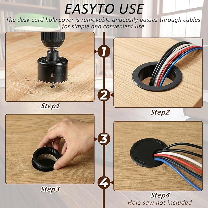 SATINIOR 10 Packs Desk Wire Cord Cable Grommets Cover Plastic PC Desk Cord Organizer Plastic Grommet Hole Cover for Arranging Managing and Hiding Office PC Desktop Cable(2 Inch, Black)