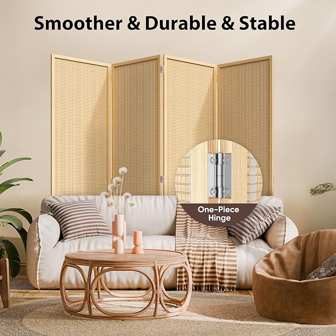 JOSTYLE Room Divider 4 Panel Folding Privacy Screen, Bamboo Room Divider Screen - 6 ft. Tall Wall Divider for Room Separation Freestanding Partition Separators, Beige, 70.9" H x 79.9" W