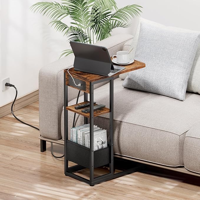 C Shaped End Table with Charging Station,3-Layer Sofa C Table Side Table, Slide Under Sofa Desk Snack Tables with Storage Bag w/AC U-S-B Port & Socket,Small Spaces Drink Tables for Living Room